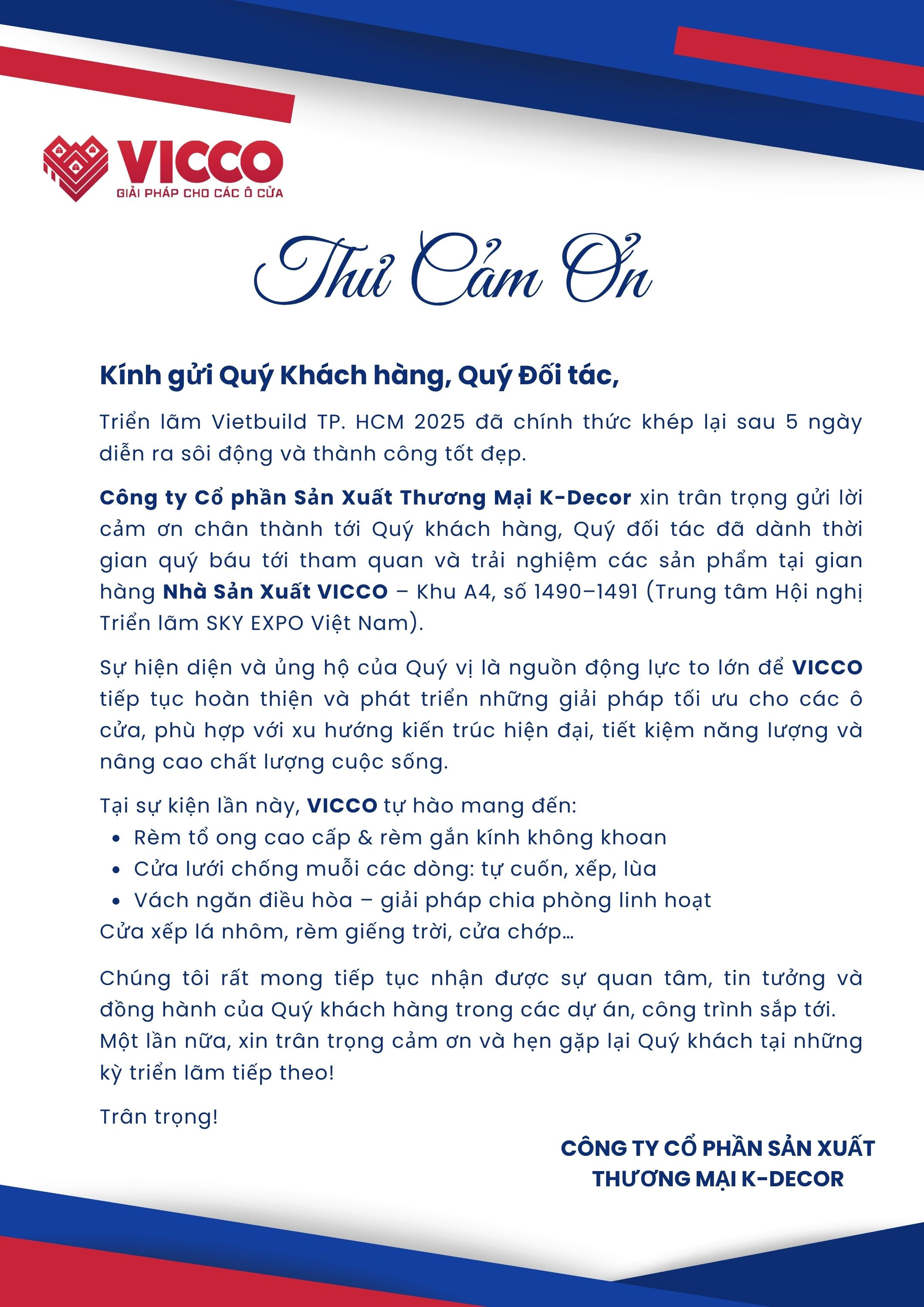 THƯ CẢM ƠN QUÝ KHÁCH ĐÃ THAM QUAN GIAN HÀNG NHÀ SẢN XUẤT VICCO TẠI TRIỂN LÃM VIETBUILD HỒ CHÍ MINH 2025